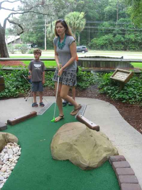 I can even play mini golf if I just do a few holes and sit down in between-- the pasty face shows now's the time to sit!